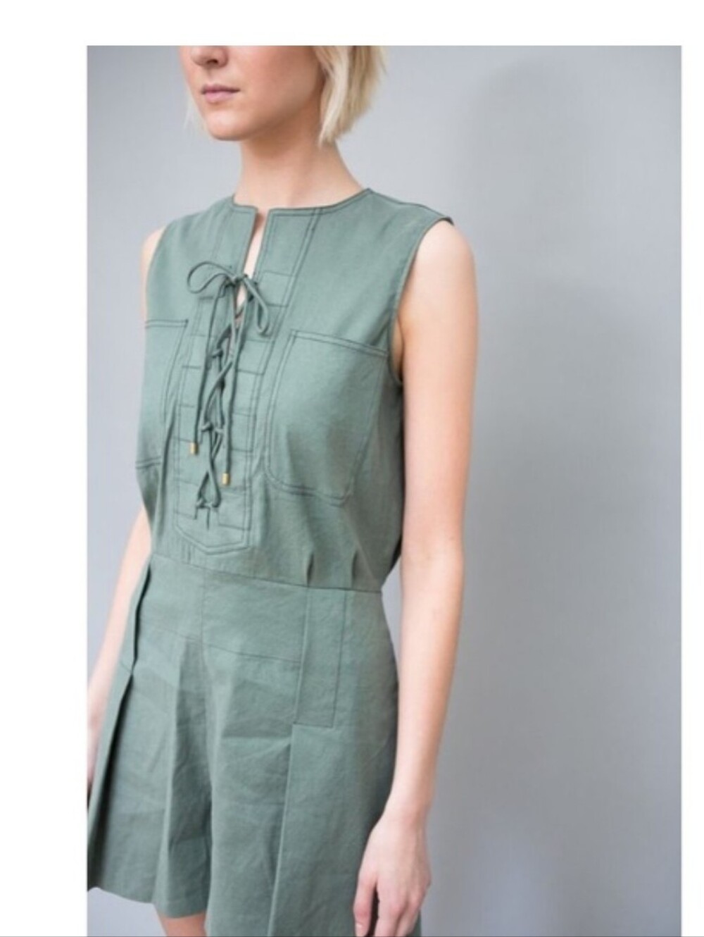 Derek Lam 10 Crosby Pleated Lace Up Romper Size 2 Olive Green Lace Up Designer